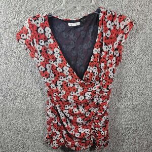 New‎ York & Company Floral Print V-Neck Ruched Blouse Top Red White